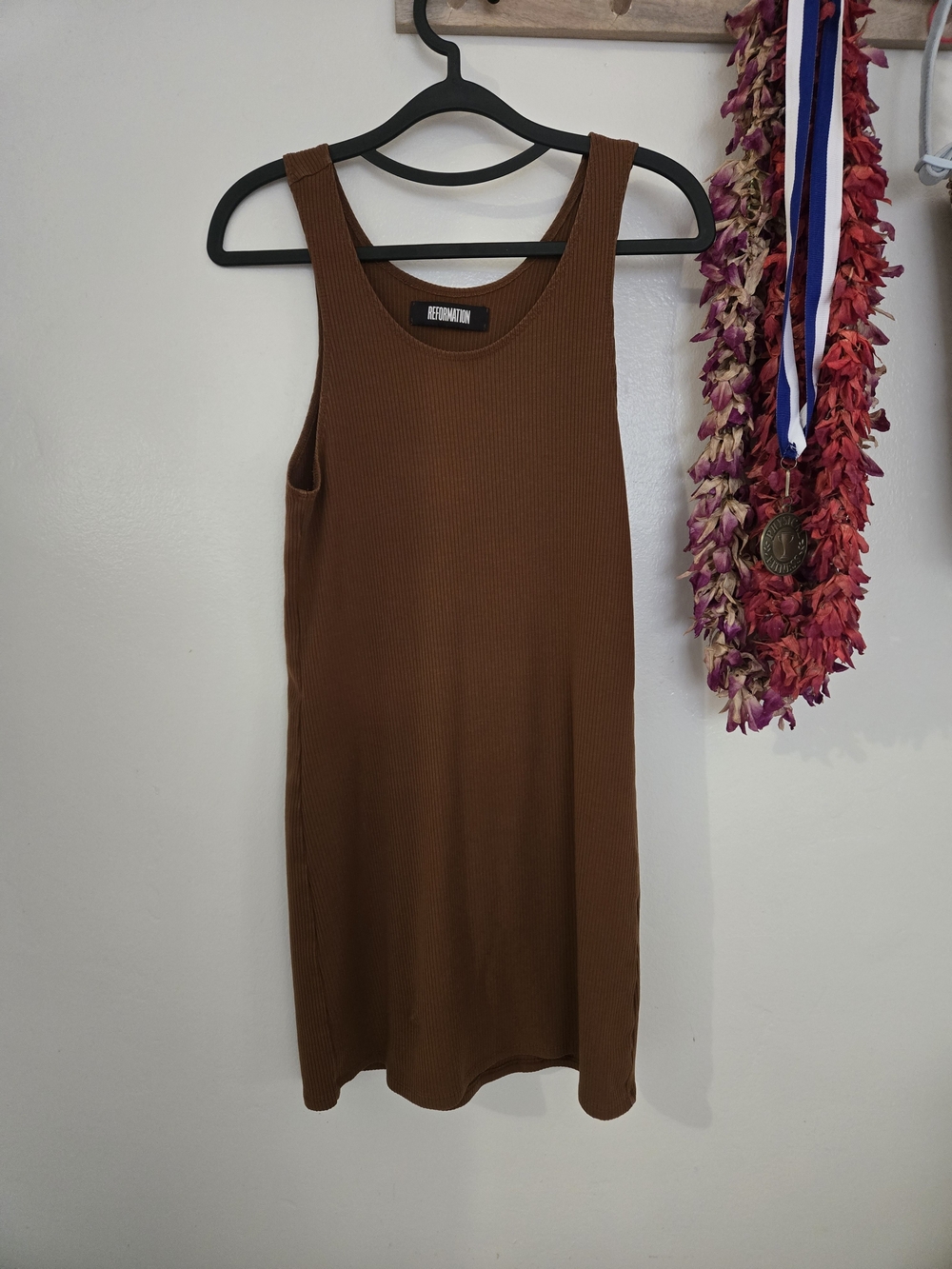 Reformation Ribbed Tank Dress in Warm Brown